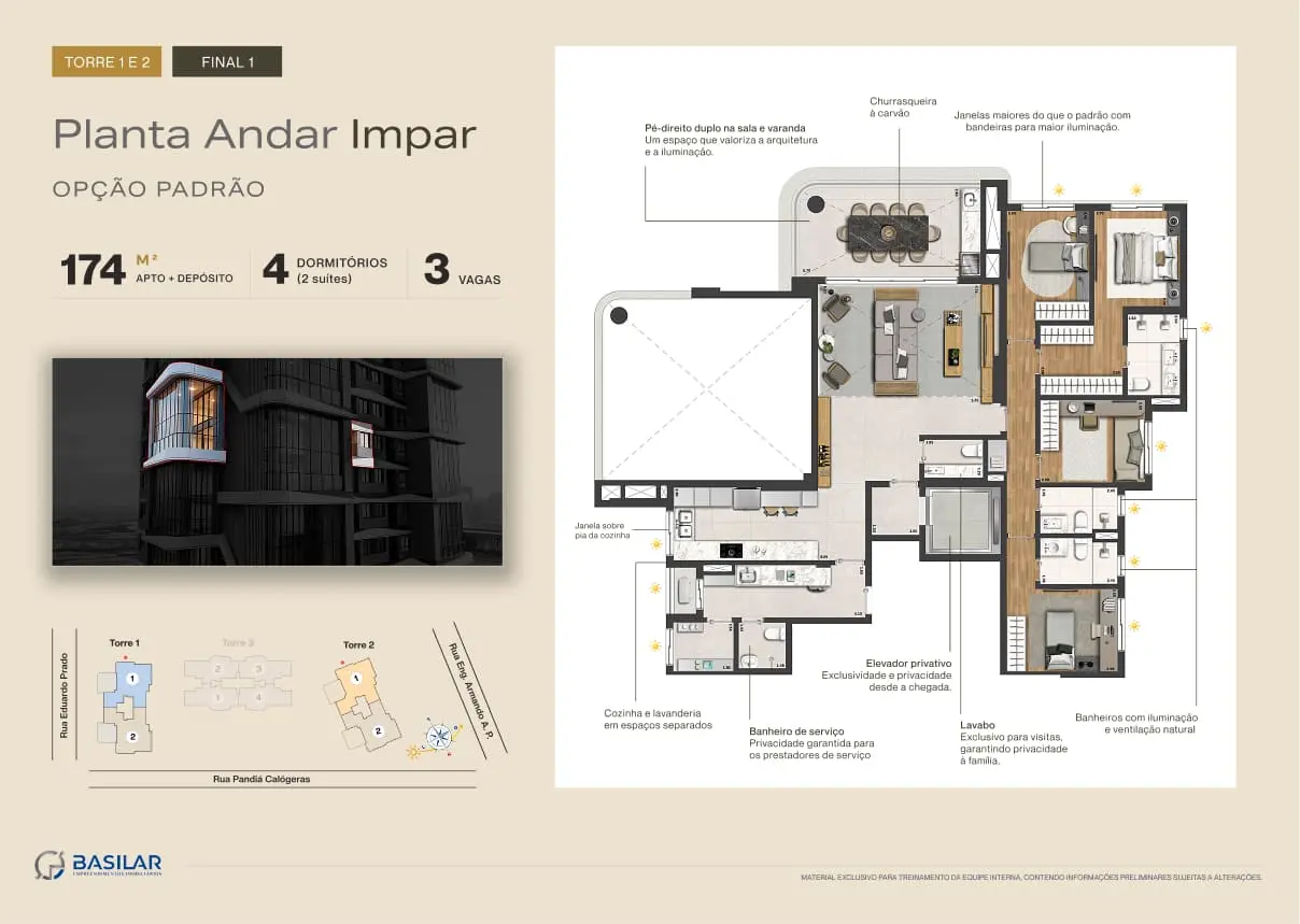 Planta do apartamento de 174 m² com pé-direito duplo, andar ímpar, Casa Parque Cerâmica